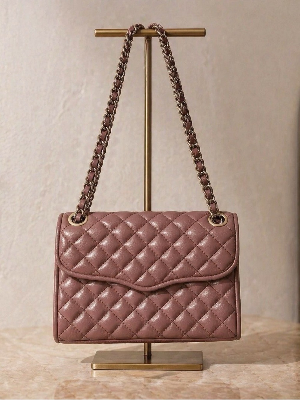 Rebecca Minkoff Quilted Leather Chain Shoulder Bag Dusty Rose Pink Crossbody